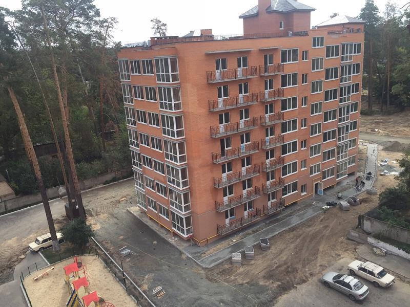 Вид на будинок, двір і сосни з верхнього поверху.