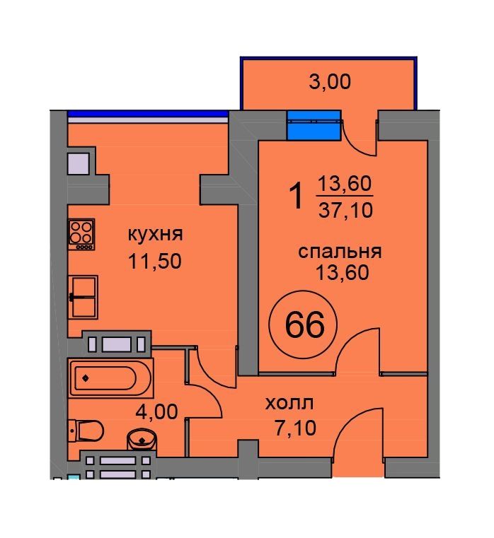 1-кімнатна · 37,1 м²
