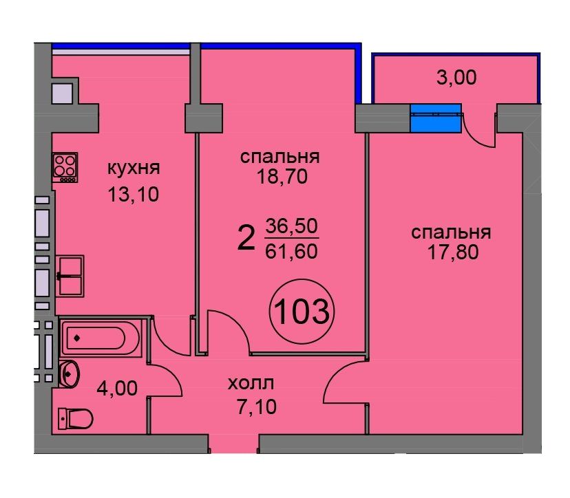 2-кімнатна · 61,6 м²